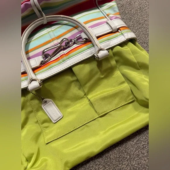 Coach Hampton Multicolor Canvas White Leather Trim Stripes Satchel Tote Bag - Picture 4 of 8